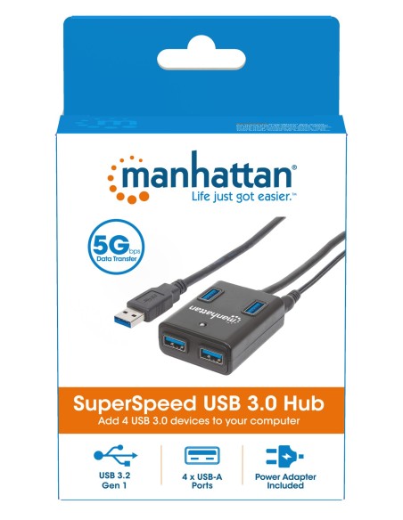 Hub USB 3.2 4 Porte con Alimentatore 5V 3A Nero