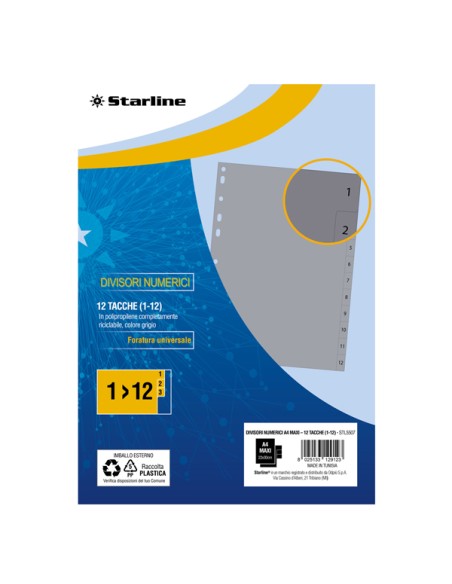 Divisori numerici 12 tacche - A4 Maxi - PP - grigio - Starline