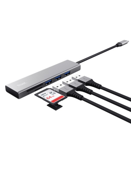 Hub USB-C veloce e lettore di schede - 3 porte - argento - Trust