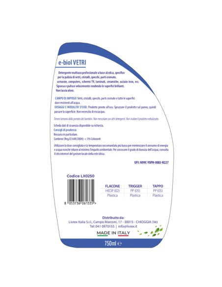Detergente vetri e multiuso Ebiol - trigger 750 ml - Livrex
